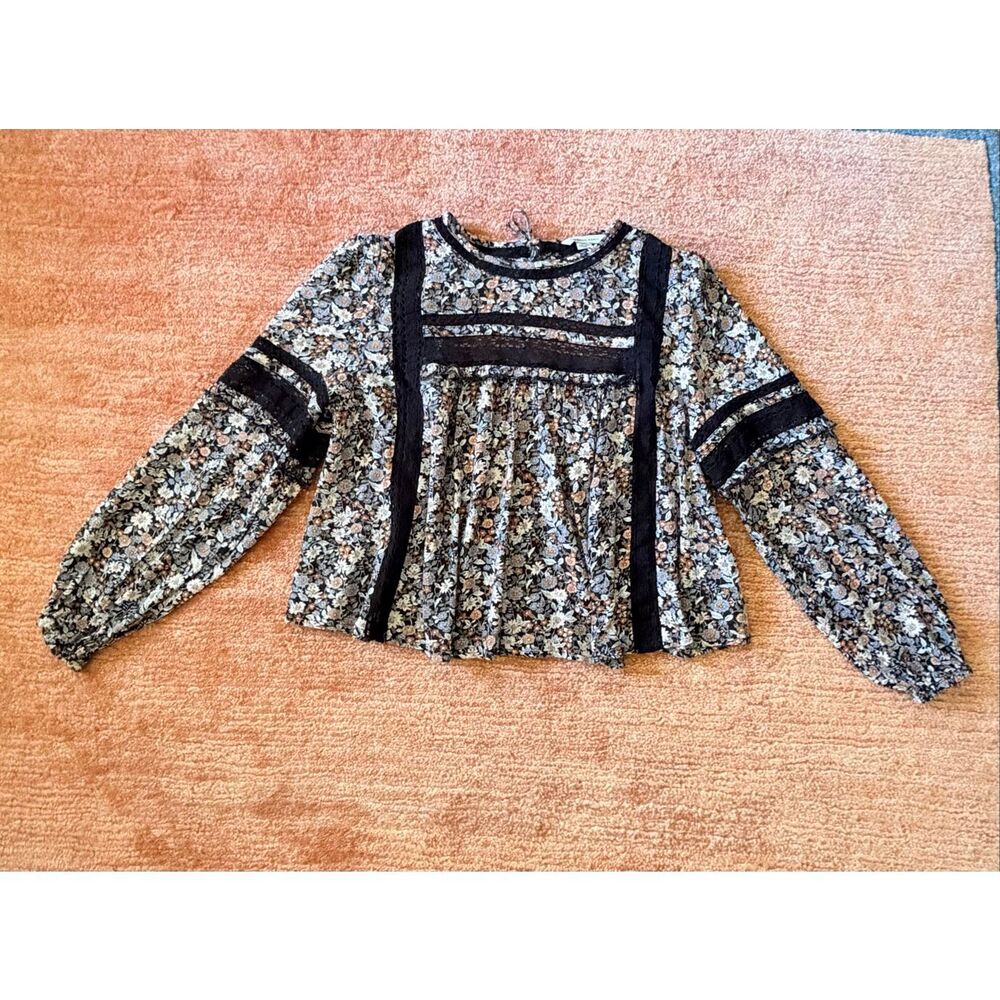 American Eagle Floral Crop Blouse Lace Trim Open Back Tie Size S